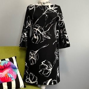 Ralph Lauren Black White Floral Bell Sleeve Cocktail Sheath Dress 2
